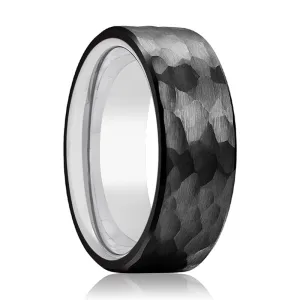 RIDER | Silver Ring, Black Tungsten Ring, Hammered, Flat