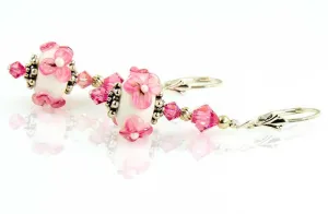 Rose Pink Floral Lampwork Earrings