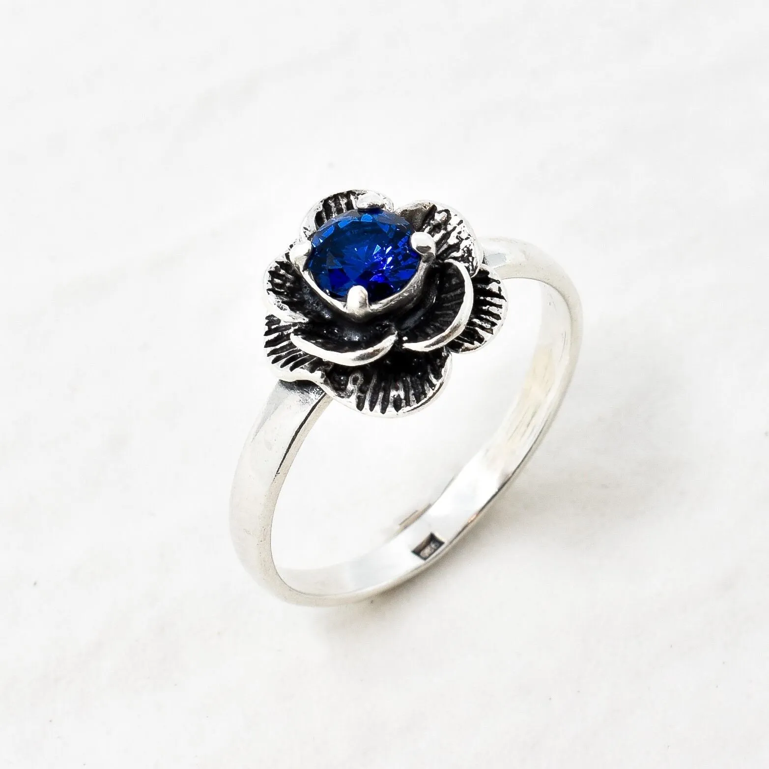 Rose Sapphire Ring - Solitaire Flower Ring, Blue Promise Ring