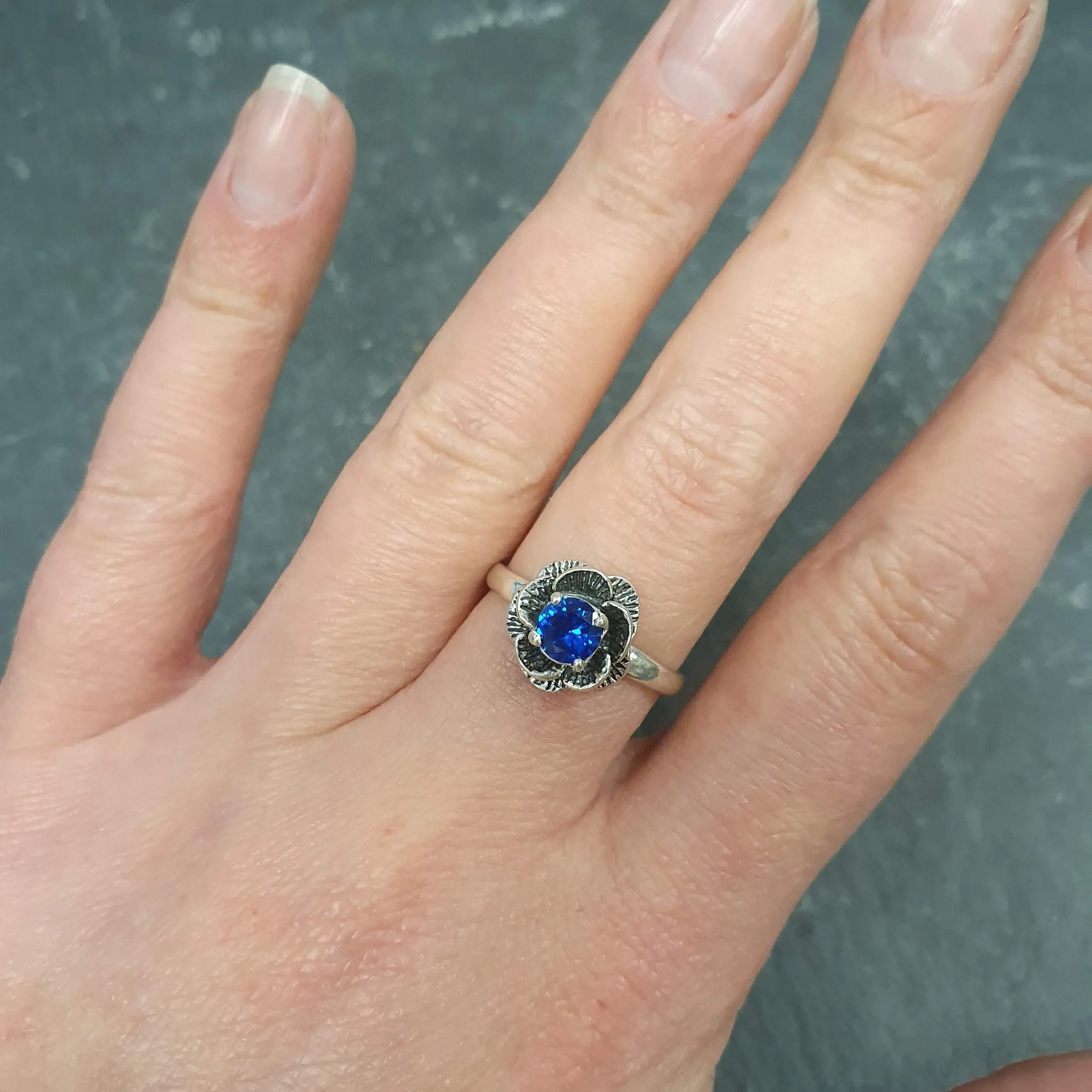 Rose Sapphire Ring - Solitaire Flower Ring, Blue Promise Ring