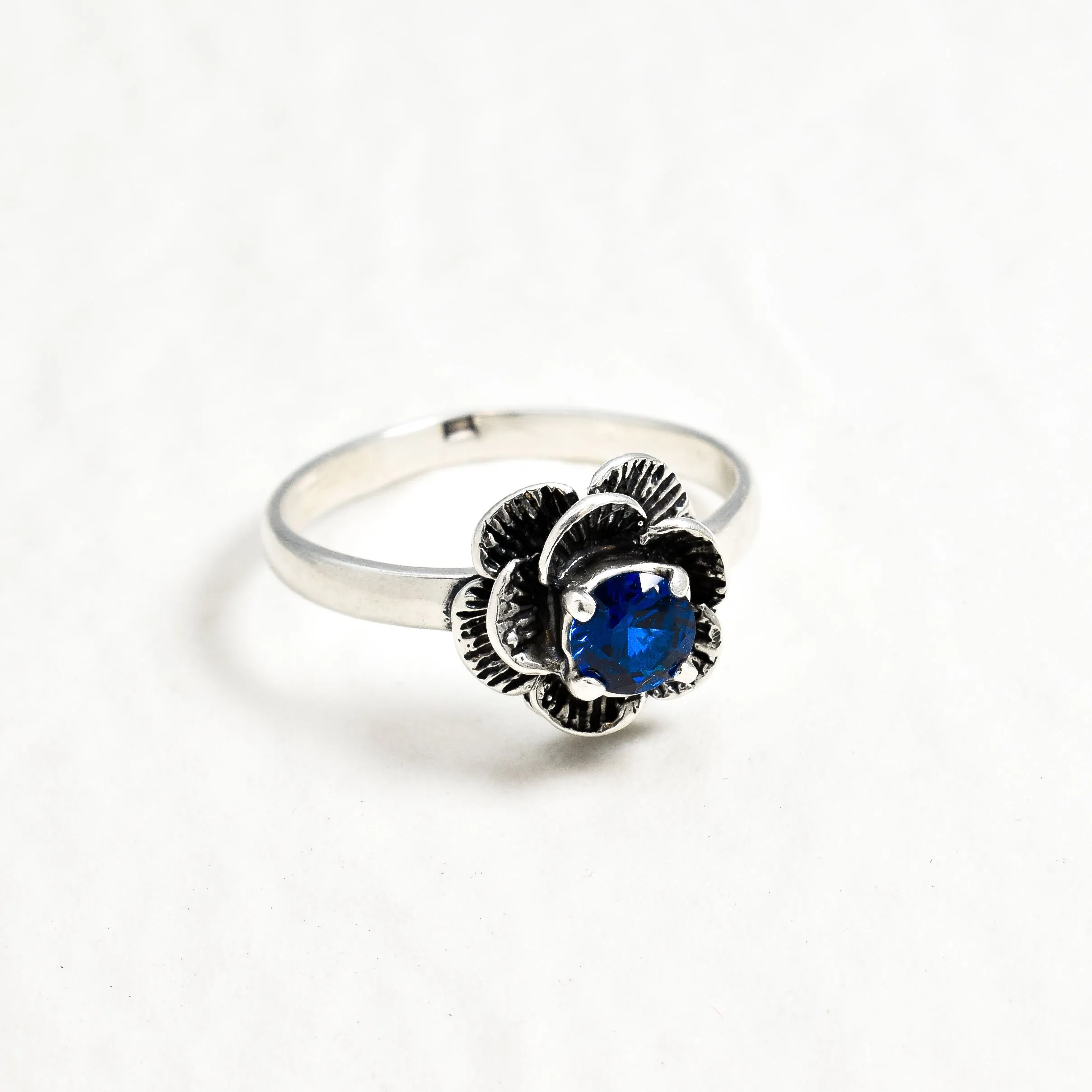 Rose Sapphire Ring - Solitaire Flower Ring, Blue Promise Ring