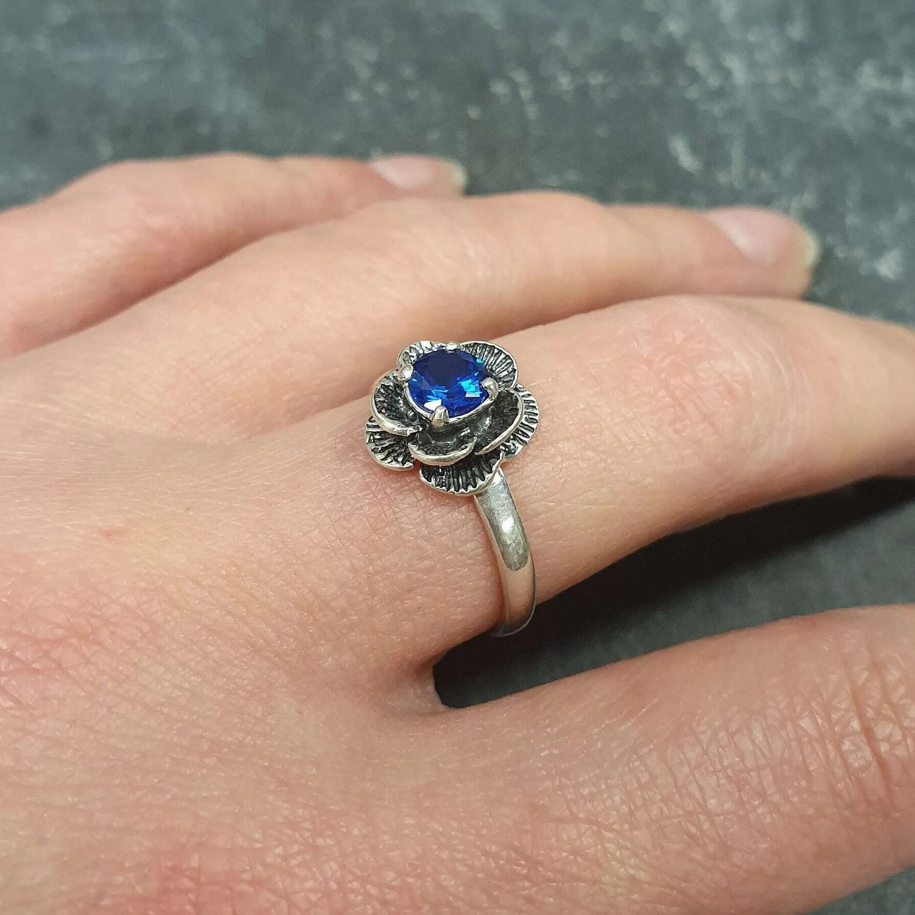 Rose Sapphire Ring - Solitaire Flower Ring, Blue Promise Ring