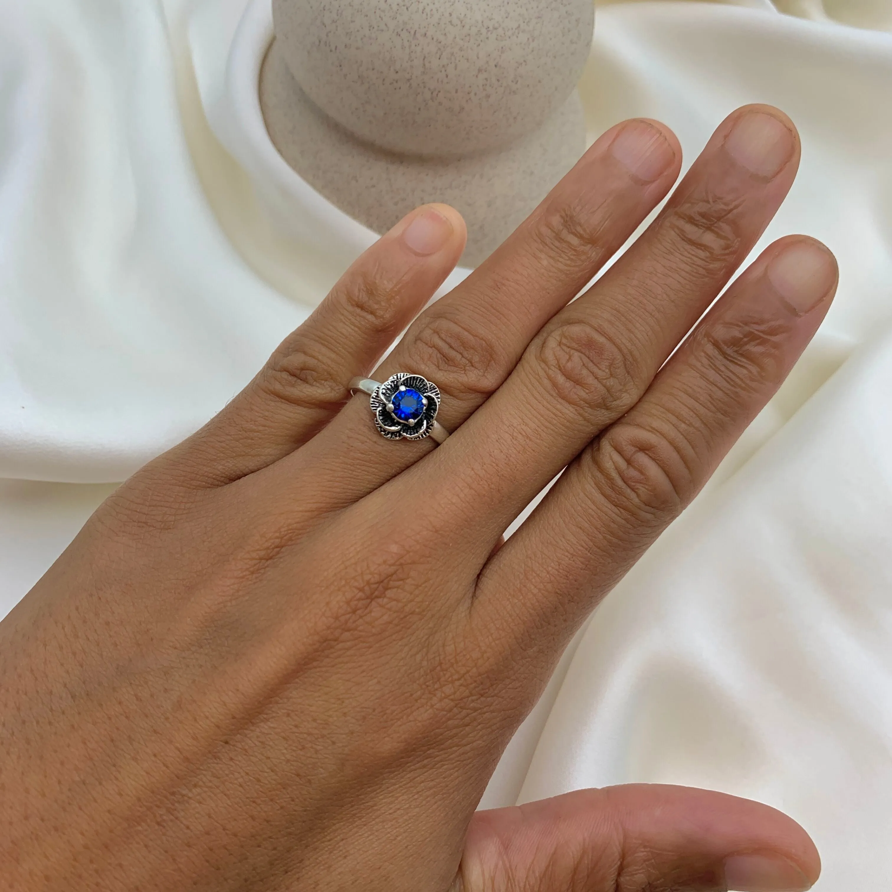 Rose Sapphire Ring - Solitaire Flower Ring, Blue Promise Ring