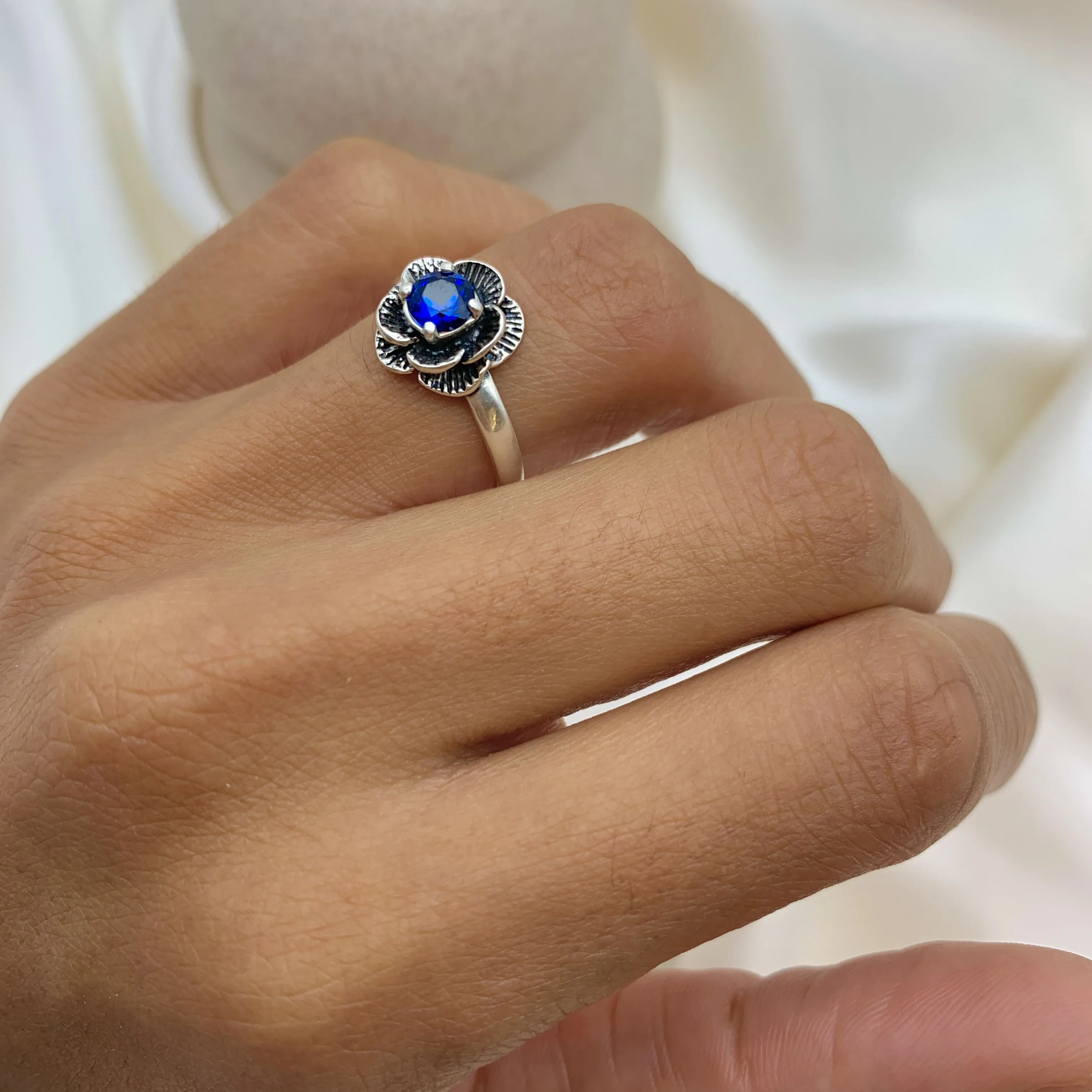 Rose Sapphire Ring - Solitaire Flower Ring, Blue Promise Ring