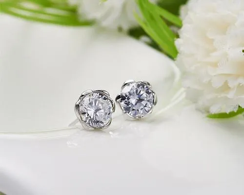 Rose Shaped 925 Sterling Silver Crystal Earrings Studs for Women