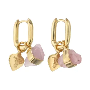 ROUGH GEM CHARM - OVAL HOOPS - ROSE QUARTZ - GOLD