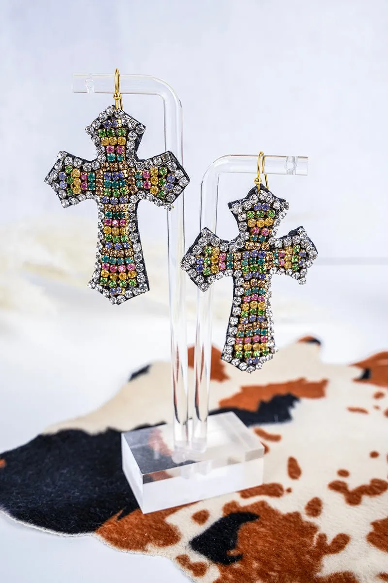 SALE! Light Multi-Color Crystal Encrusted Cross Earrings