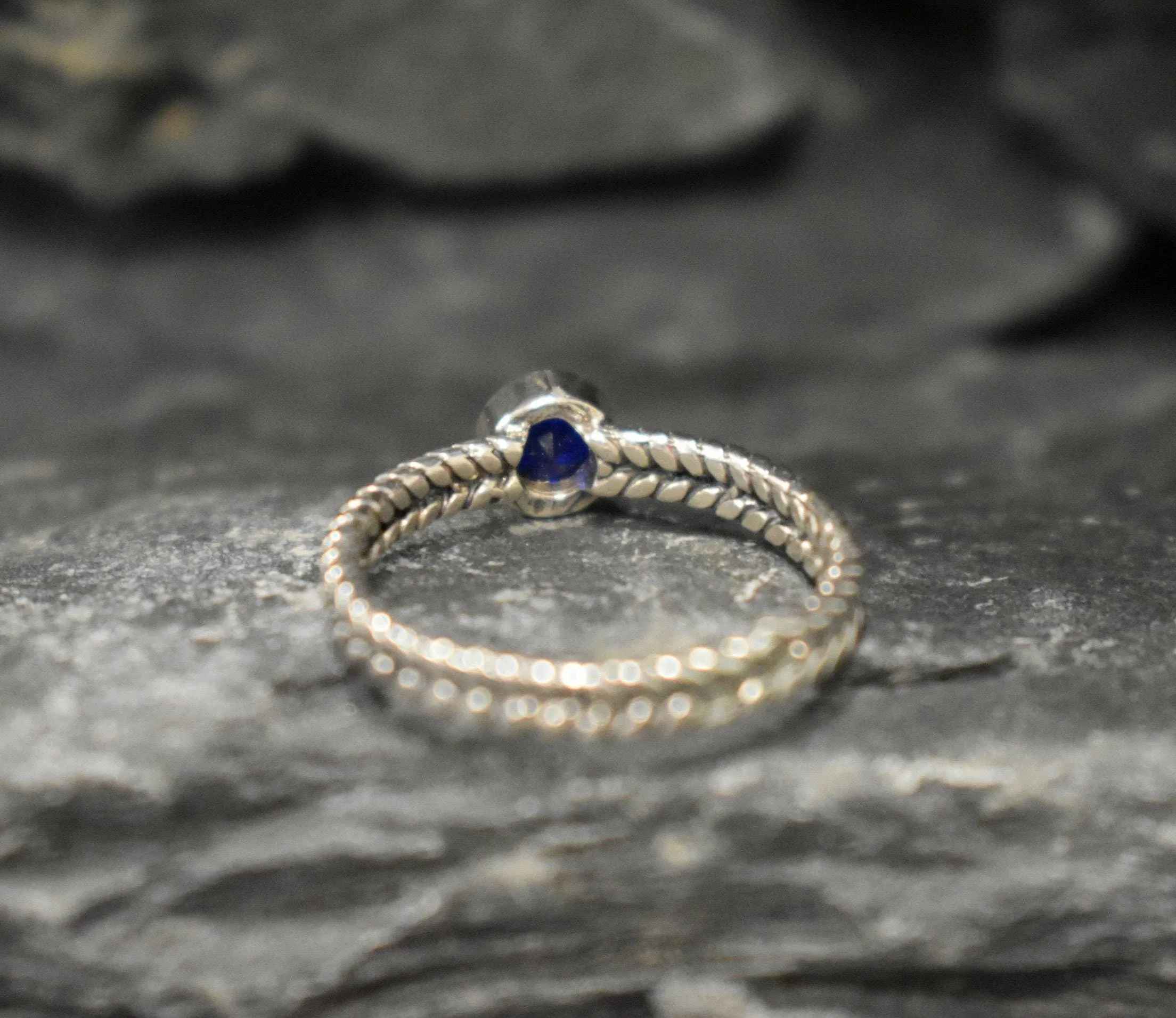 Sapphire Ring - Round Blue Ring - Braided Silver Band