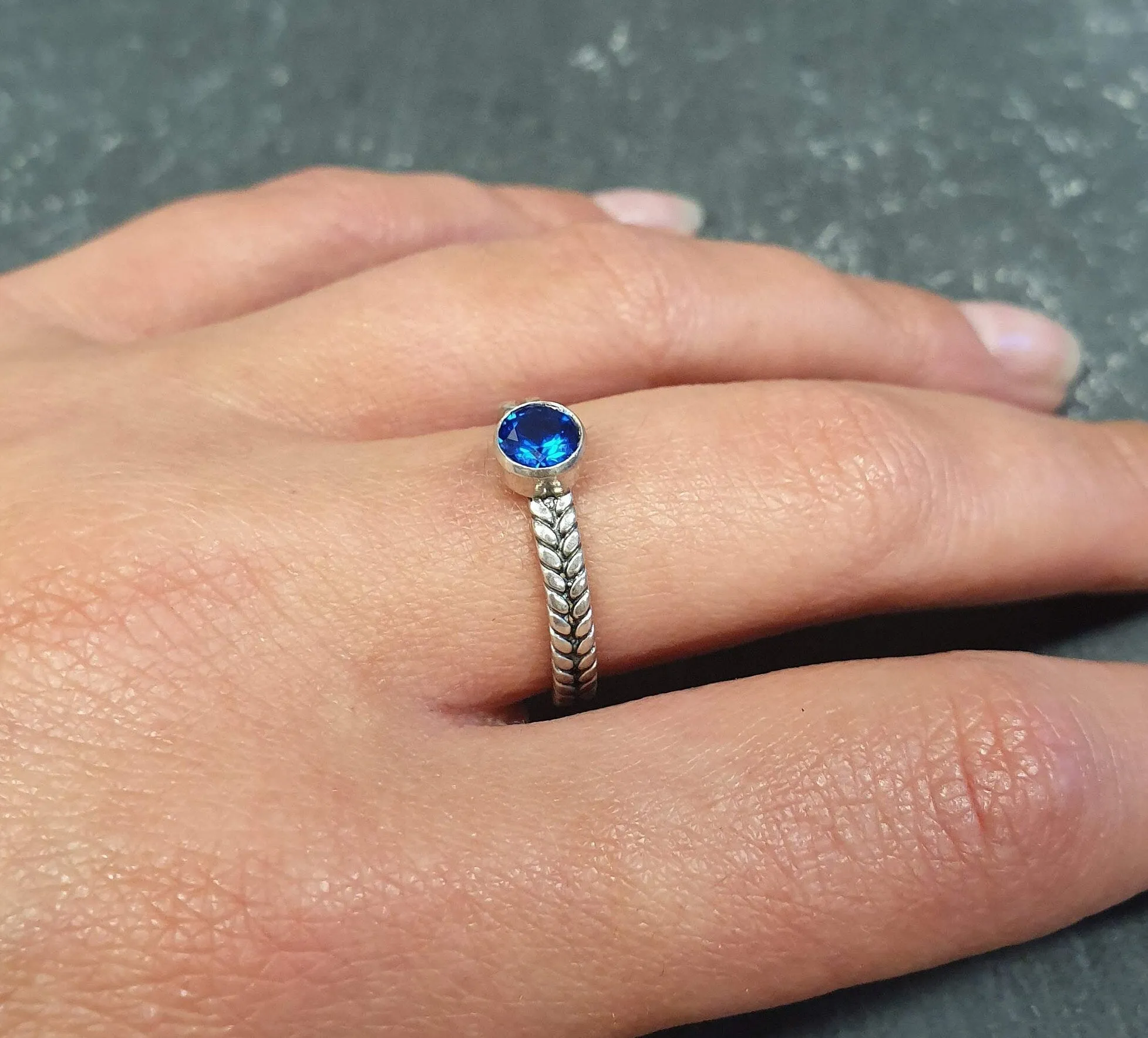 Sapphire Ring - Round Blue Ring - Braided Silver Band