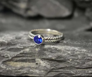 Sapphire Ring - Round Blue Ring - Braided Silver Band