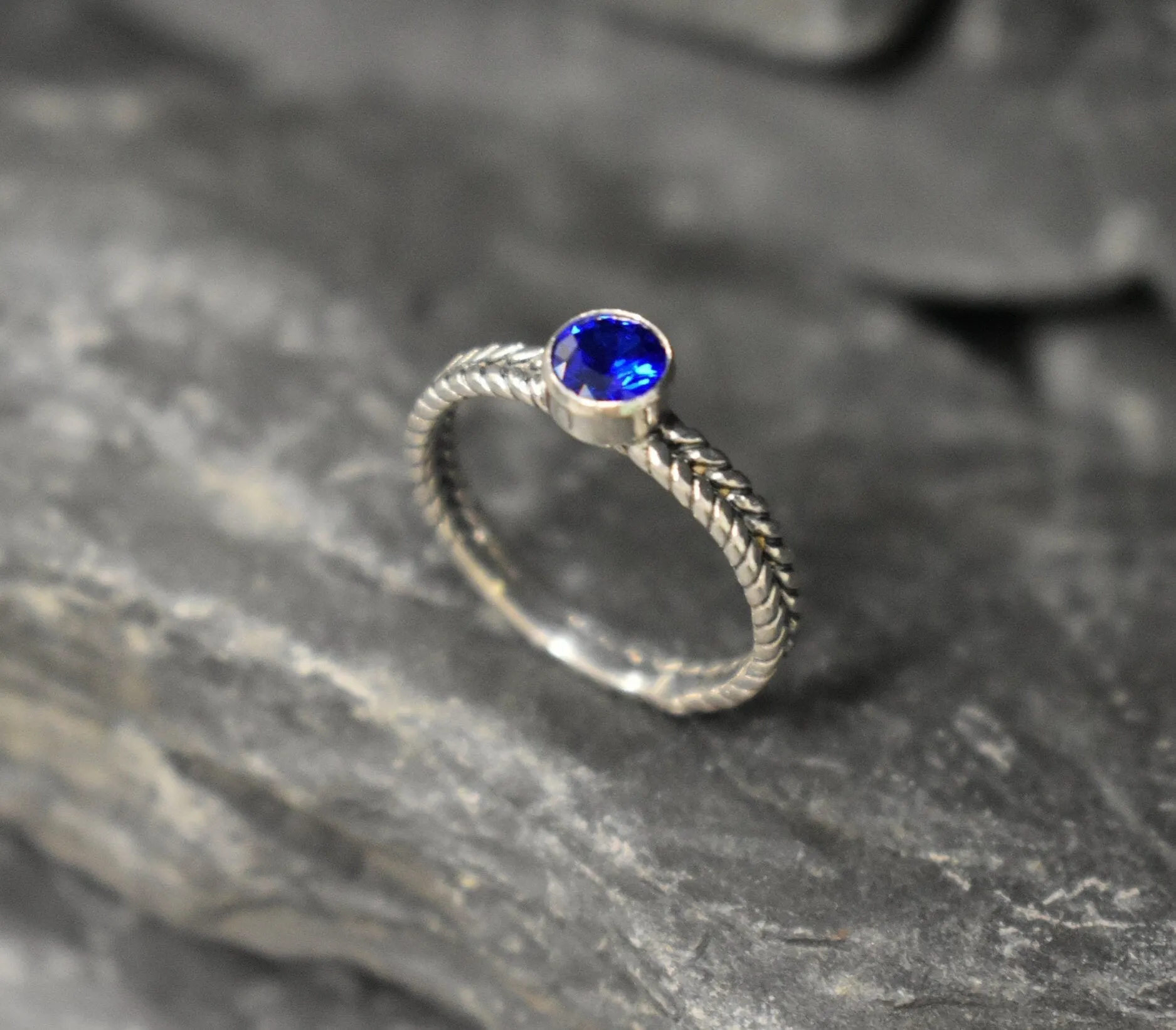 Sapphire Ring - Round Blue Ring - Braided Silver Band