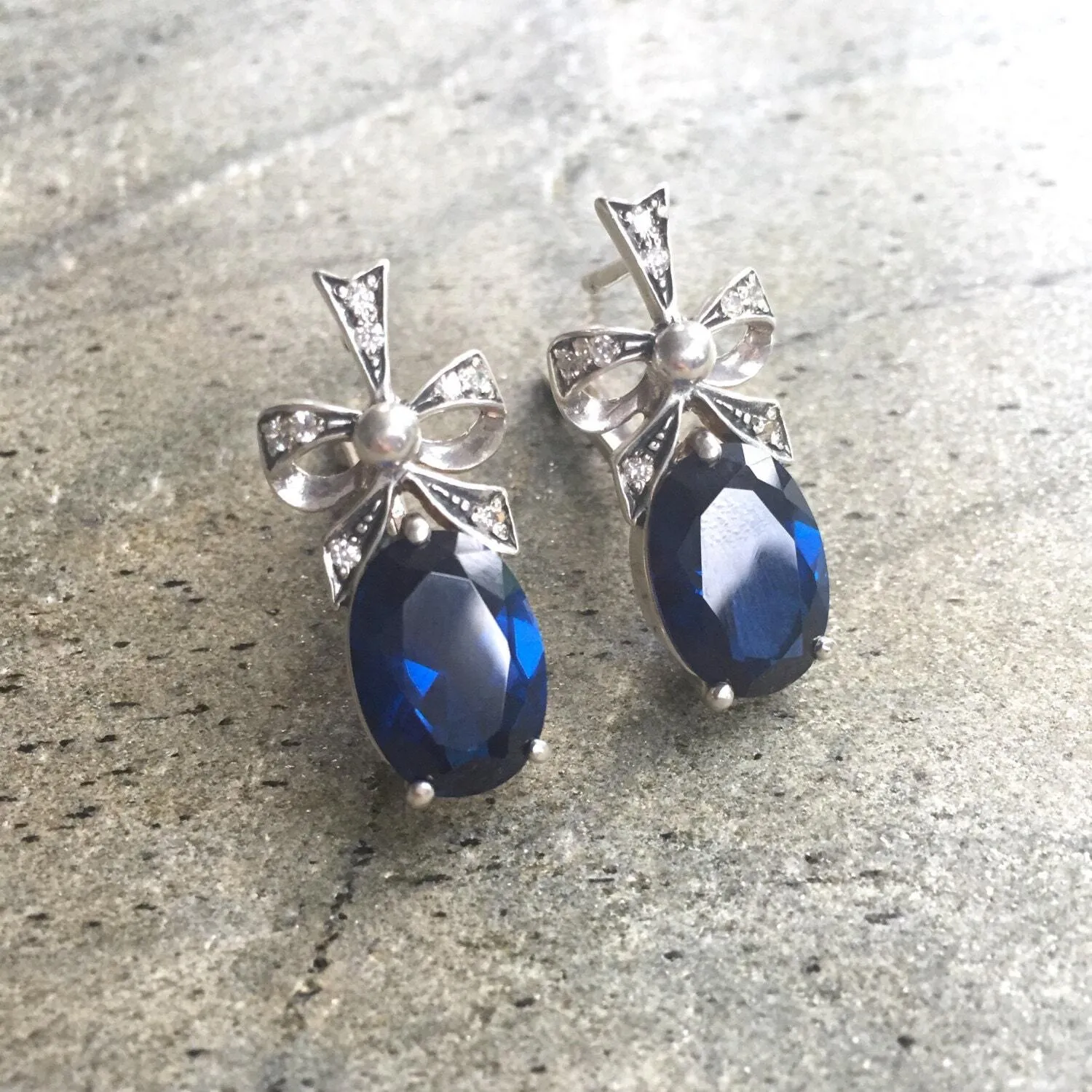 Sapphire Statement Earrings - Blue Ribbon Earrings - Sapphire Drop Earrings