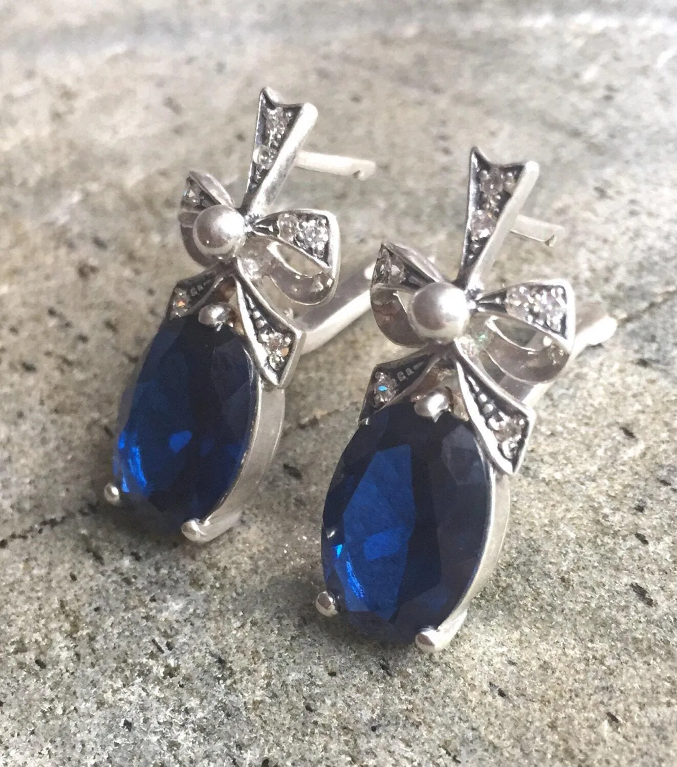 Sapphire Statement Earrings - Blue Ribbon Earrings - Sapphire Drop Earrings