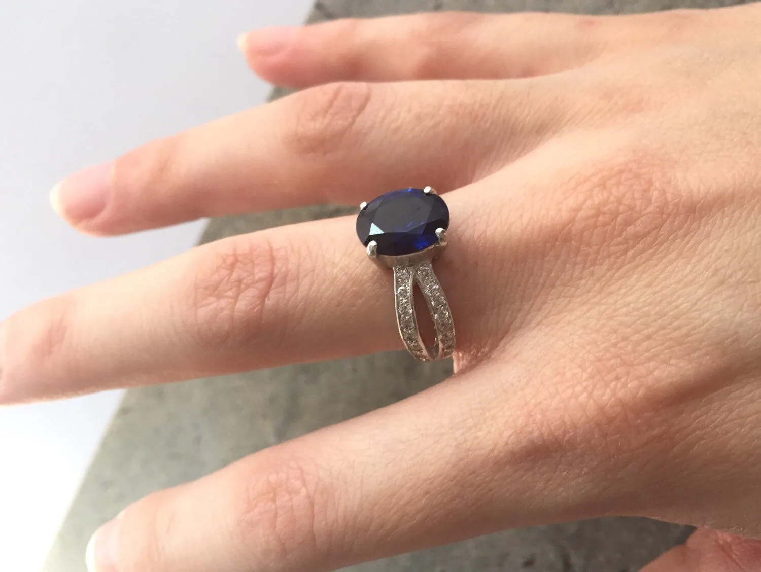 Sapphire Vintage Ring - Blue Promise Ring - Split Pave Band