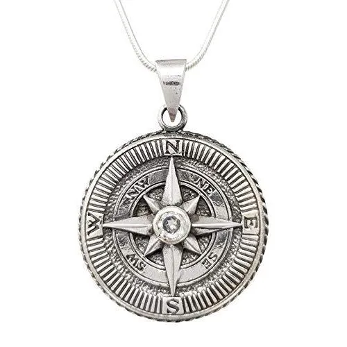 Silver Clear Stone Compass Pendant For Men And Women