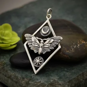 Silver Geometric Moth Charm with Sun and Moon