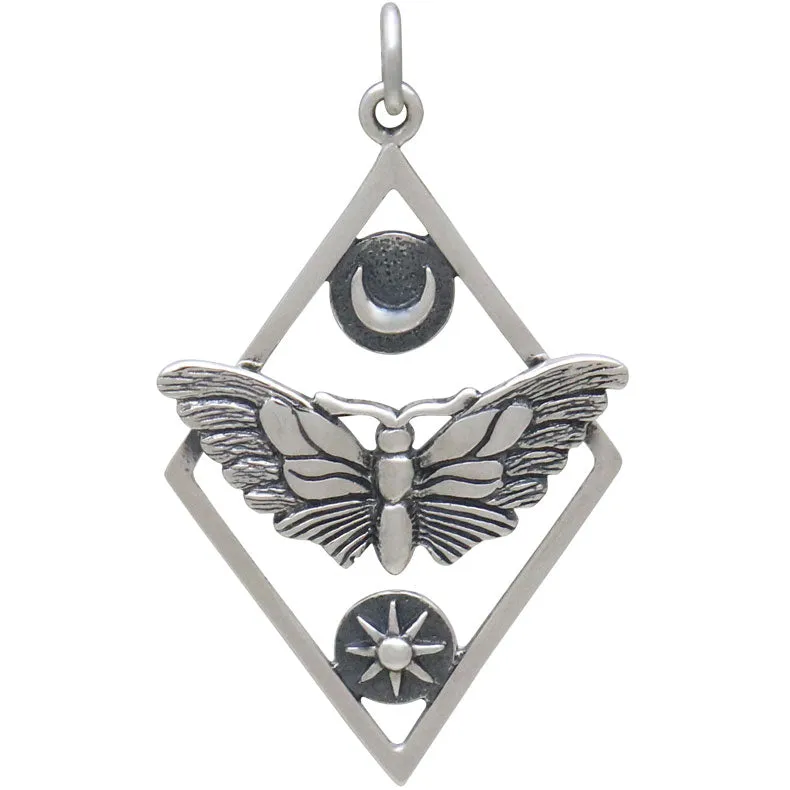 Silver Geometric Moth Charm with Sun and Moon