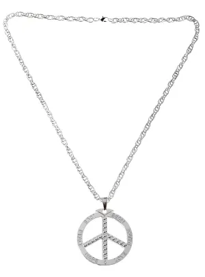 Silver Peace Sign Deluxe Long Hippie Costume Necklace