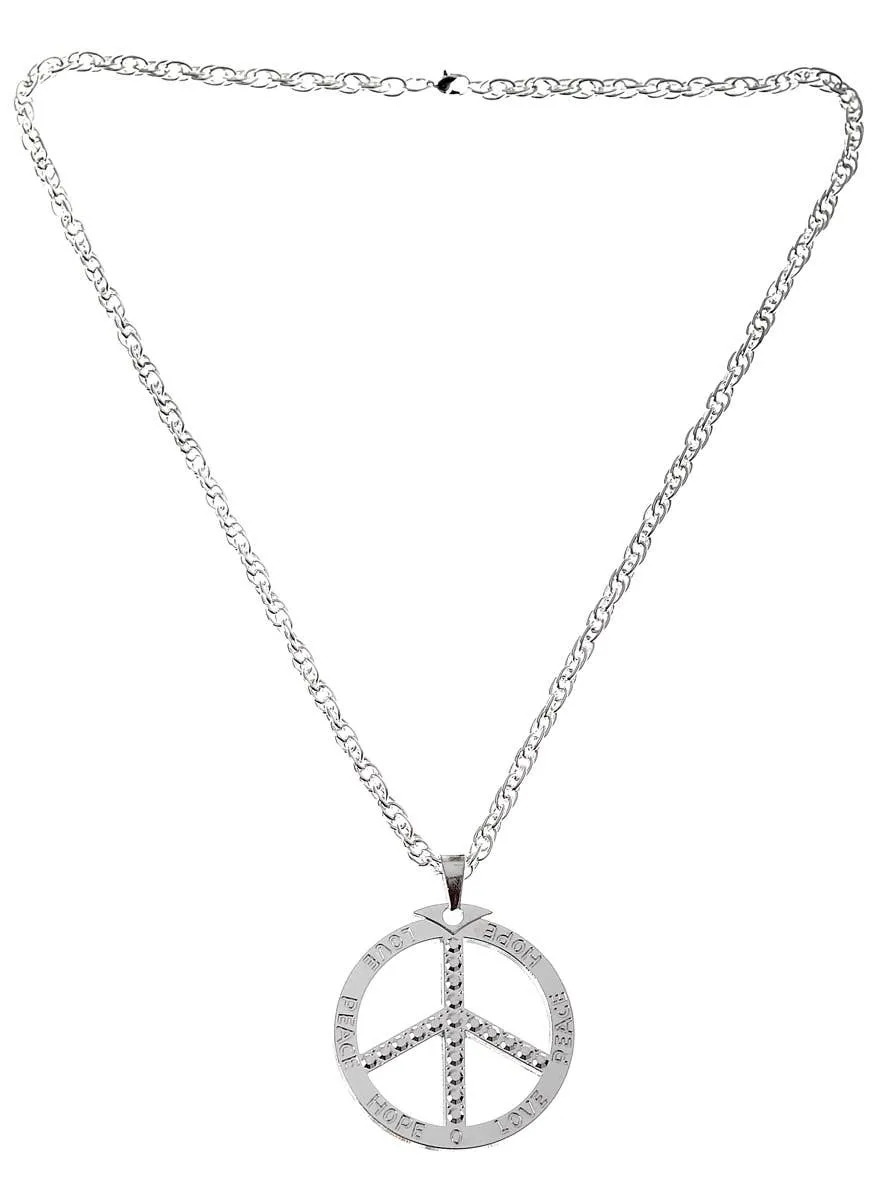 Silver Peace Sign Deluxe Long Hippie Costume Necklace