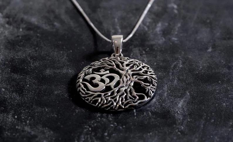 Silver Tree Pendant - Round Om Necklace, Round Silver Pendant