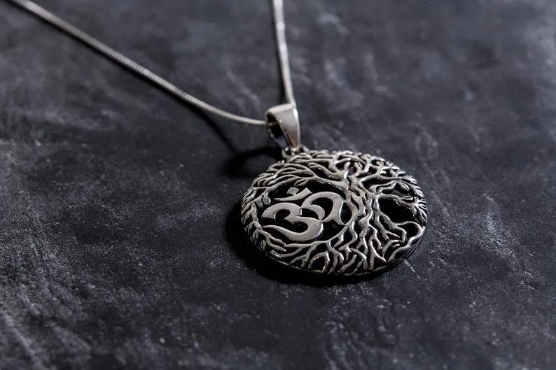 Silver Tree Pendant - Round Om Necklace, Round Silver Pendant