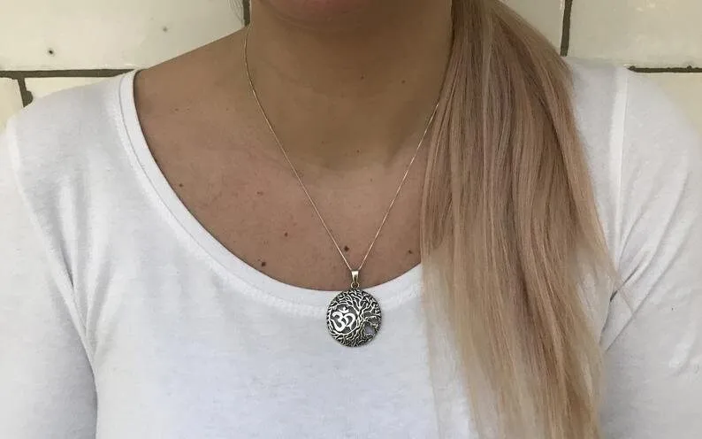 Silver Tree Pendant - Round Om Necklace, Round Silver Pendant