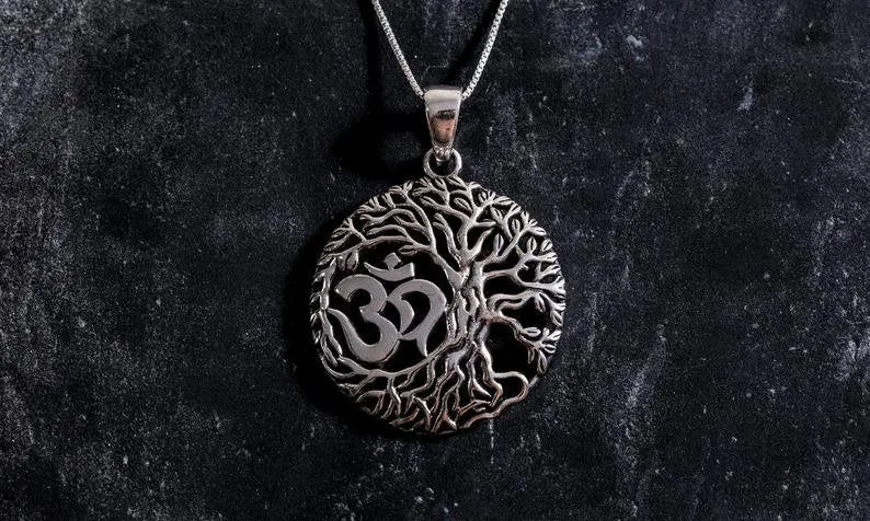 Silver Tree Pendant - Round Om Necklace, Round Silver Pendant