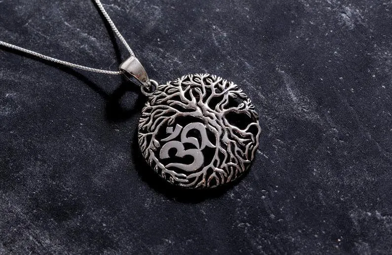 Silver Tree Pendant - Round Om Necklace, Round Silver Pendant