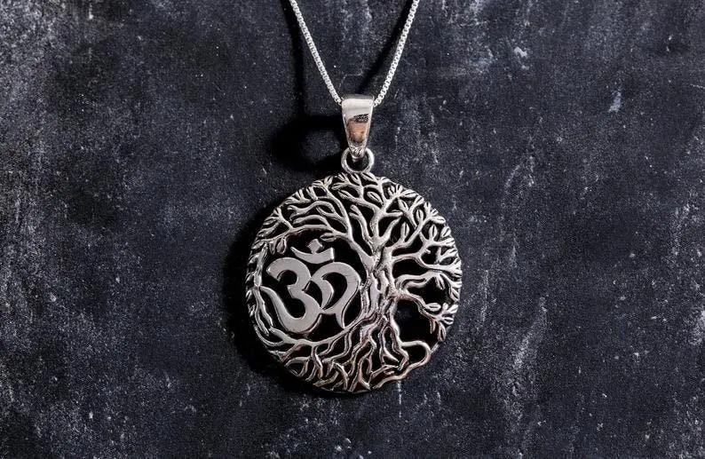 Silver Tree Pendant - Round Om Necklace, Round Silver Pendant