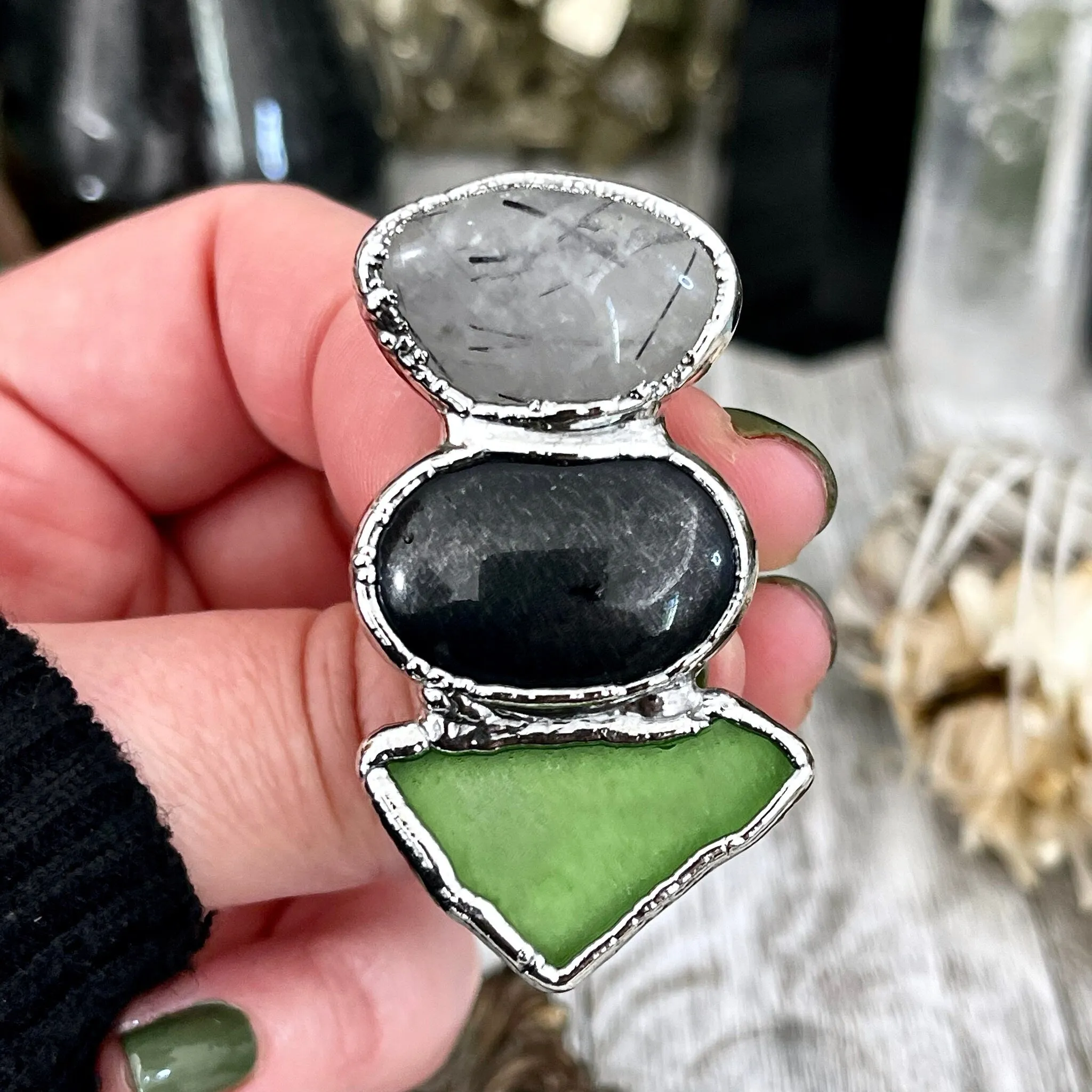 Size 8 Crystal Ring - Three Stone Black Onyx Sea Glass Tourmaline Quartz Ring Sliver / Foxlark Collection - One of a Kind