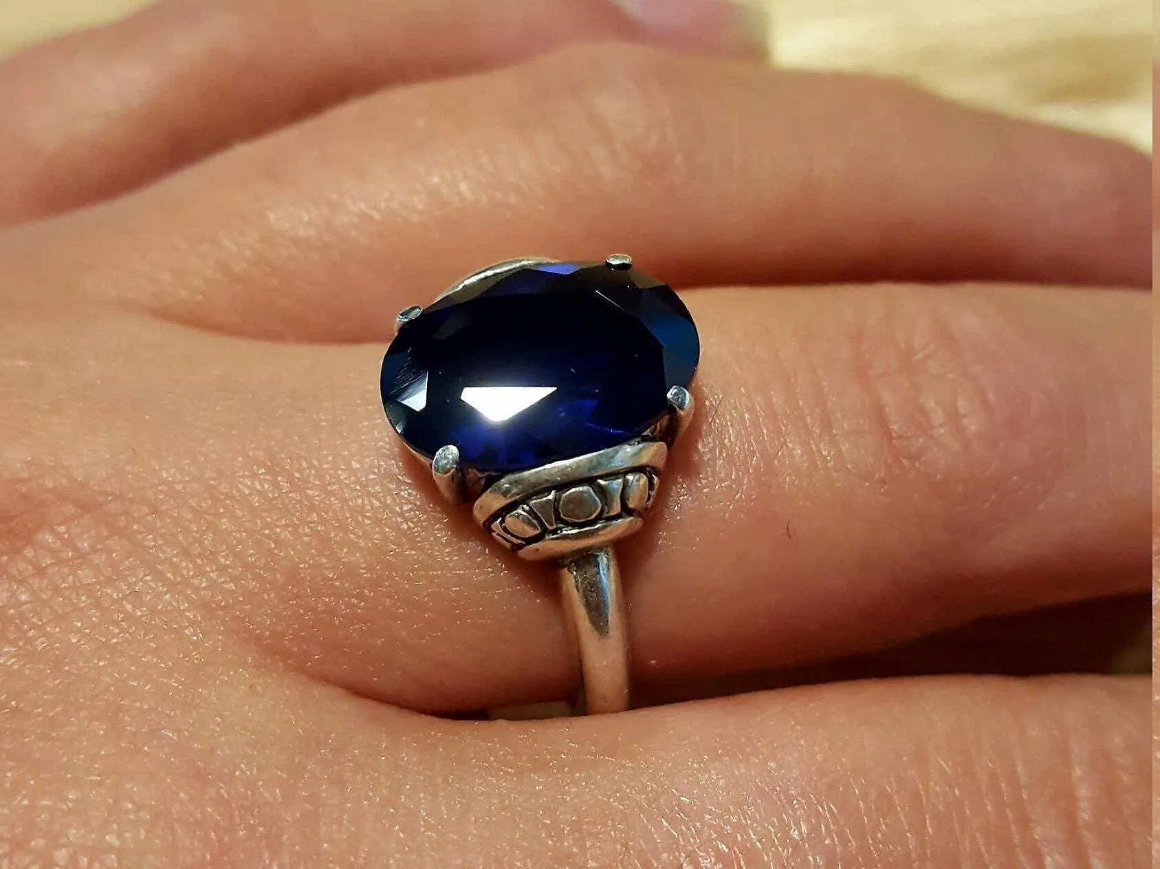 Solitaire Sapphire Ring - Blue Tribal Ring - Vintage Boho Ring