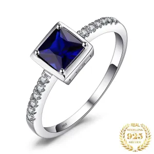 Square Created Blue Sapphire Solitaire Ring - 925 Sterling Silver