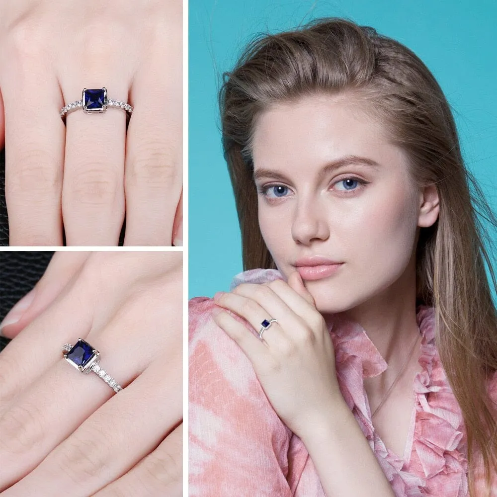 Square Created Blue Sapphire Solitaire Ring - 925 Sterling Silver