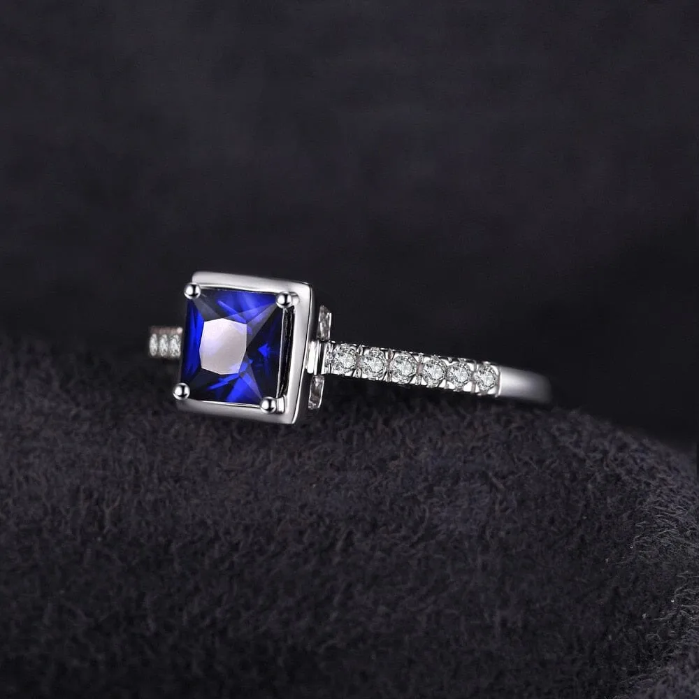 Square Created Blue Sapphire Solitaire Ring - 925 Sterling Silver