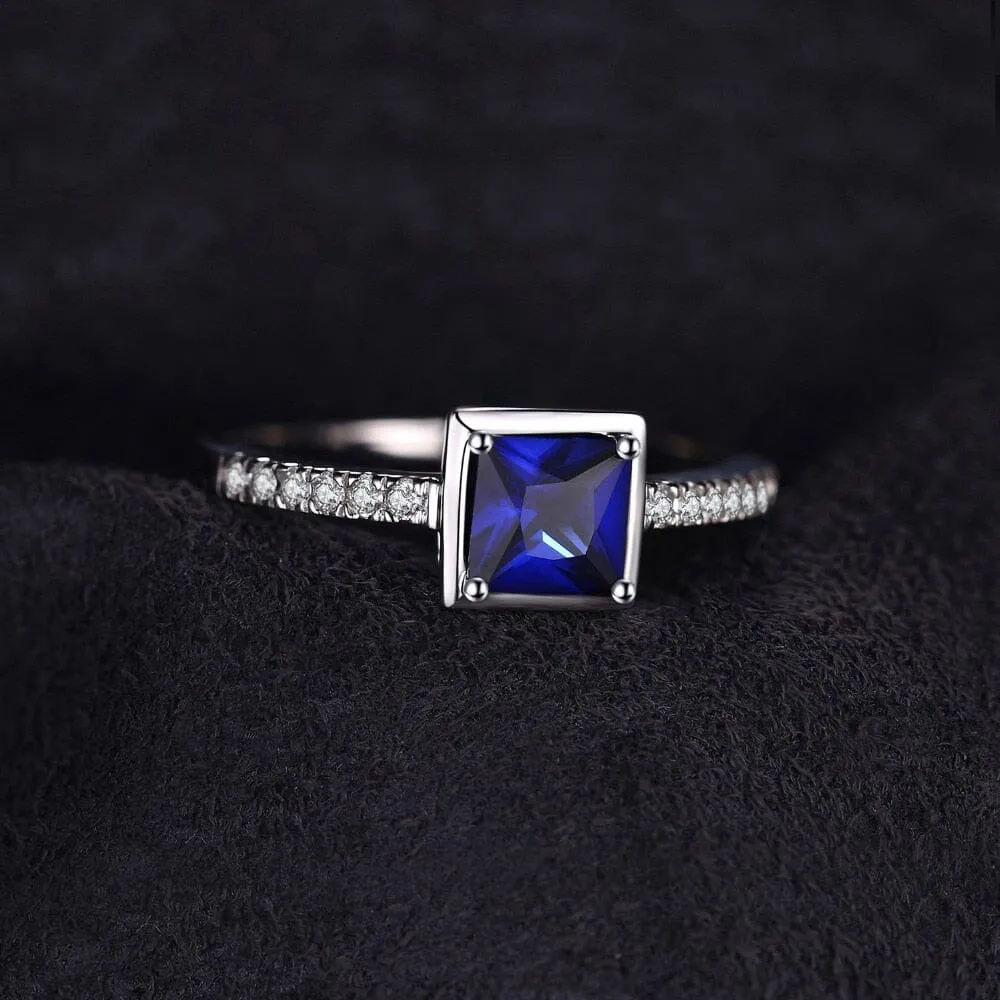 Square Created Blue Sapphire Solitaire Ring - 925 Sterling Silver