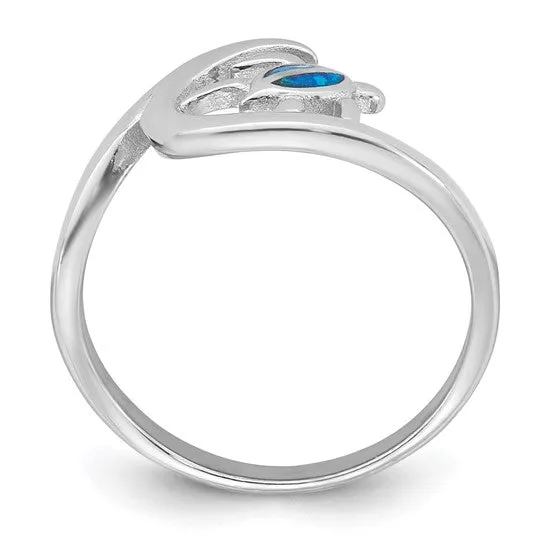 Sterling Silver Blue Created Opal Turtle on Wave Ring