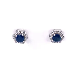 Sterling Silver Blue Sapphire Flower Cubic Zirconia Halo Stud Earrings