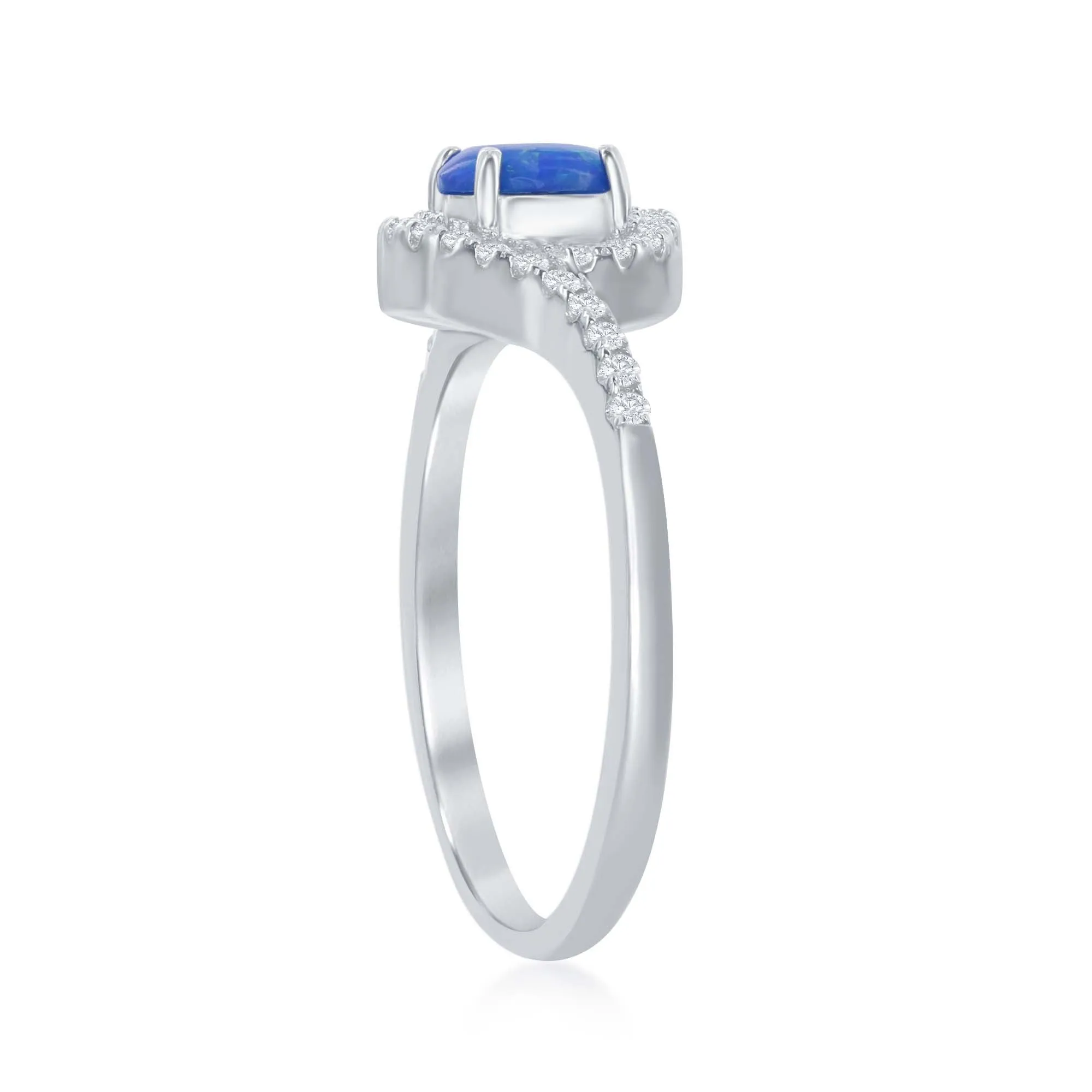 Sterling Silver Created Blue Opal Inlay CZ Halo Ring, Size 6 (90826)