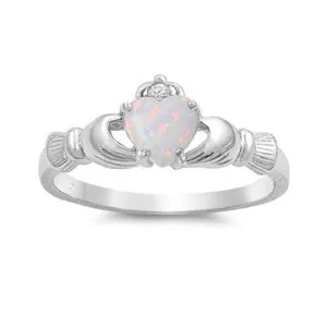 Sterling Silver Created White Opal Heart Claddagh Crown Ring