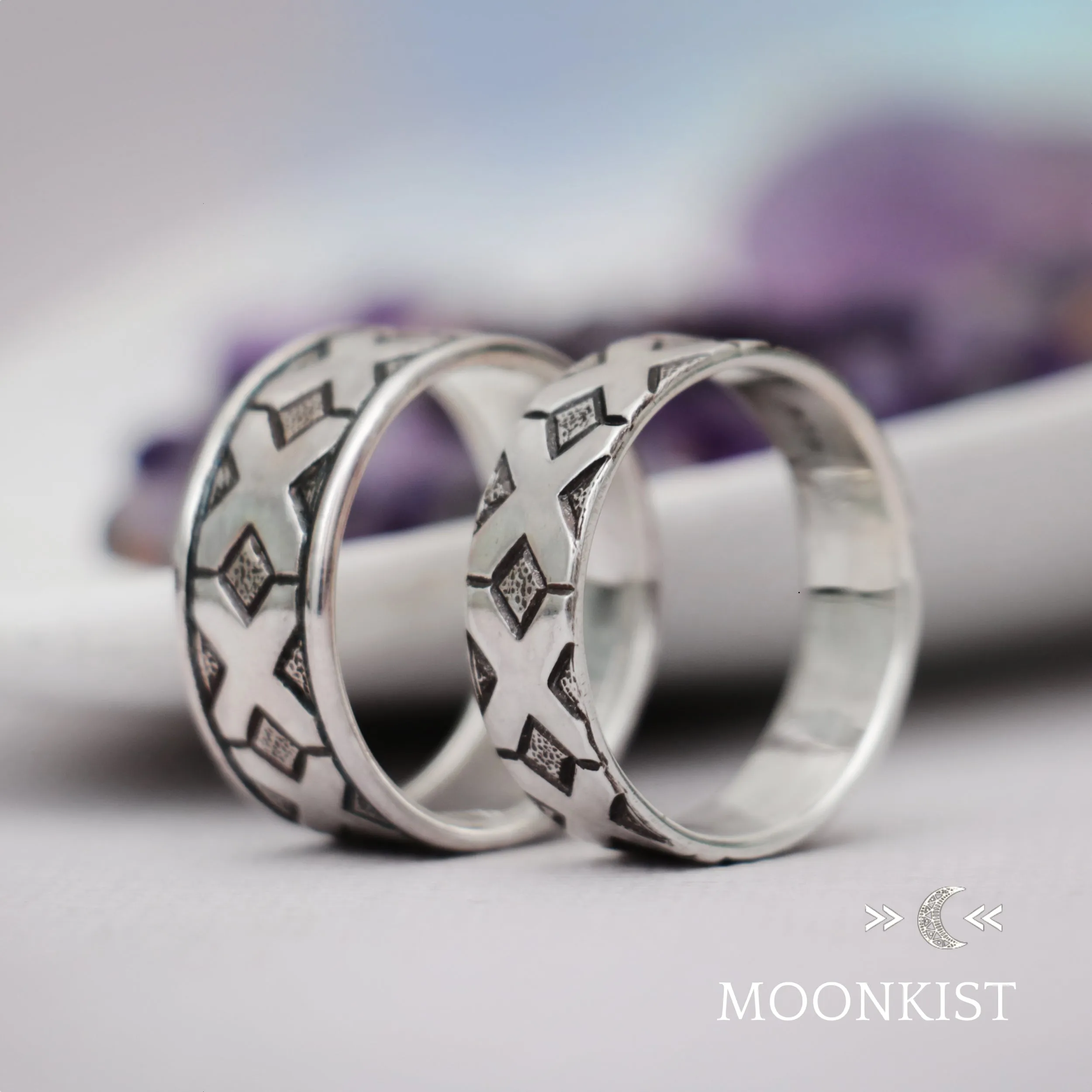 Sterling Silver Geometric Matching Wedding Ring Set | Moonkist Designs