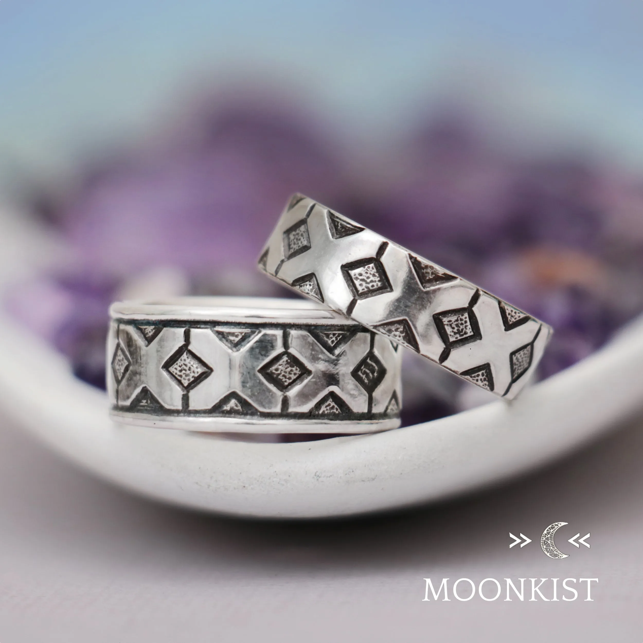 Sterling Silver Geometric Matching Wedding Ring Set | Moonkist Designs