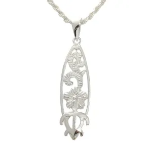 Sterling Silver Hawaiian Scroll and Honu (Hawaiian Turtle) Surfboard Pendant (Chain Sold Separately)