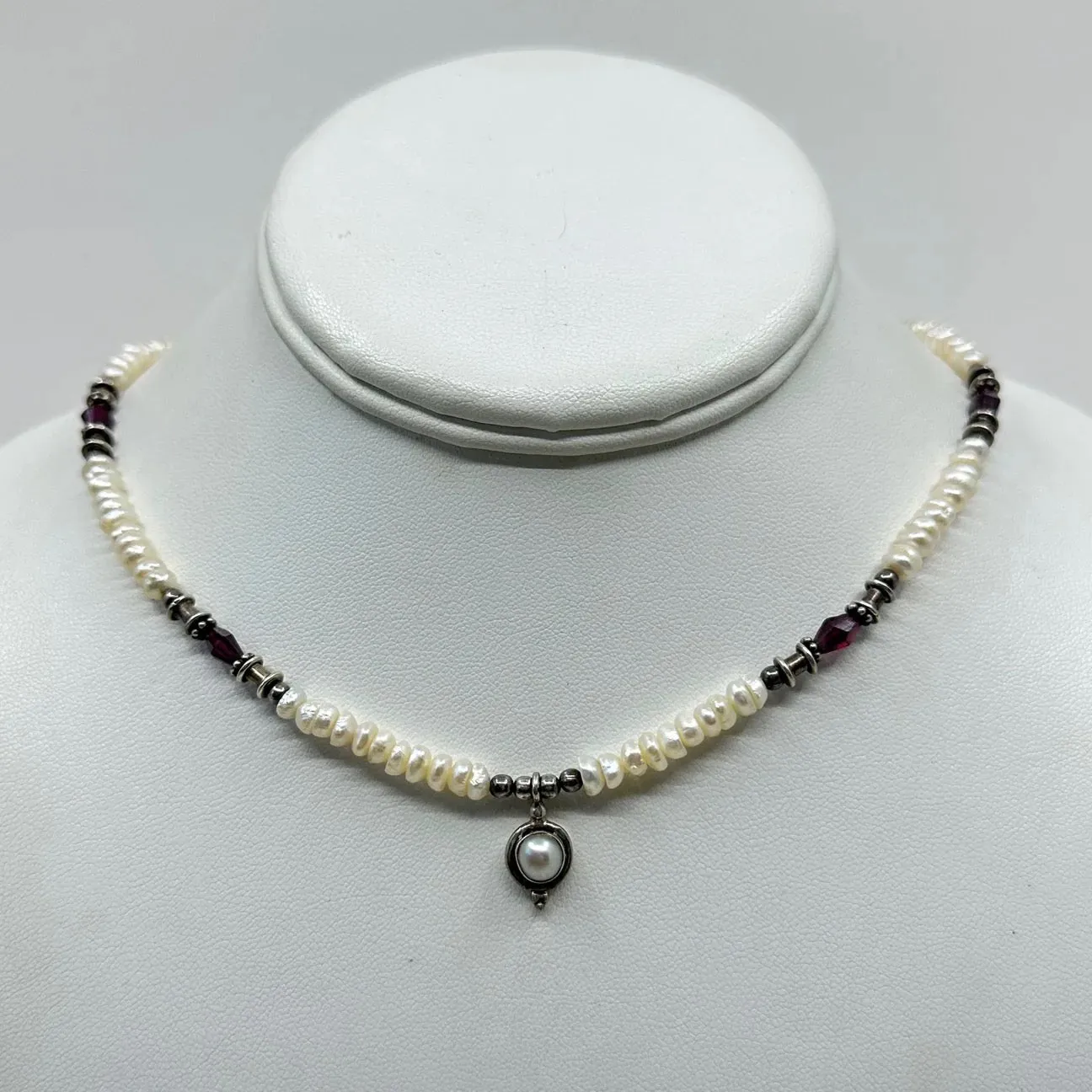 sterling silver pearl & garnet bead necklace