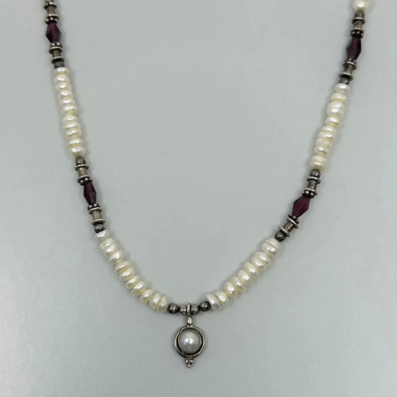 sterling silver pearl & garnet bead necklace