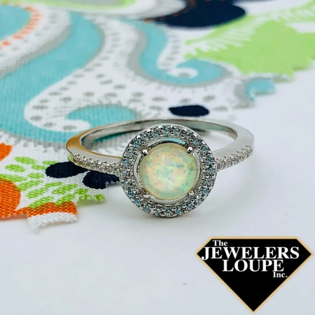 Sterling Silver Round Created White Opal with CZ Halo Ring, Size 8 (93112)