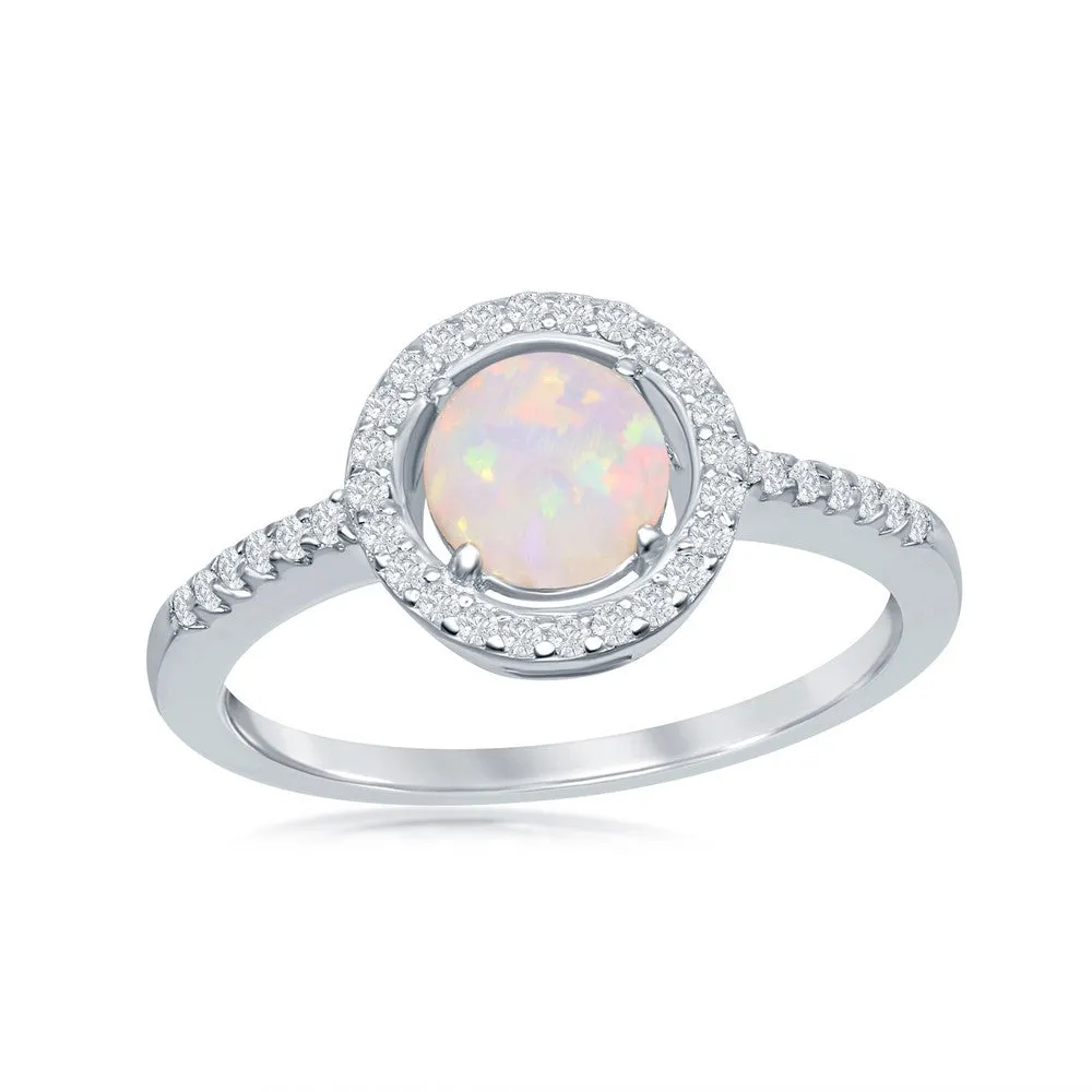 Sterling Silver Round Created White Opal with CZ Halo Ring, Size 8 (93112)