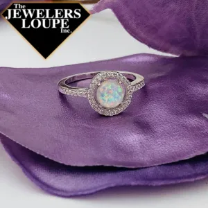 Sterling Silver Round Created White Opal with CZ Halo Ring, Size 8 (93112)