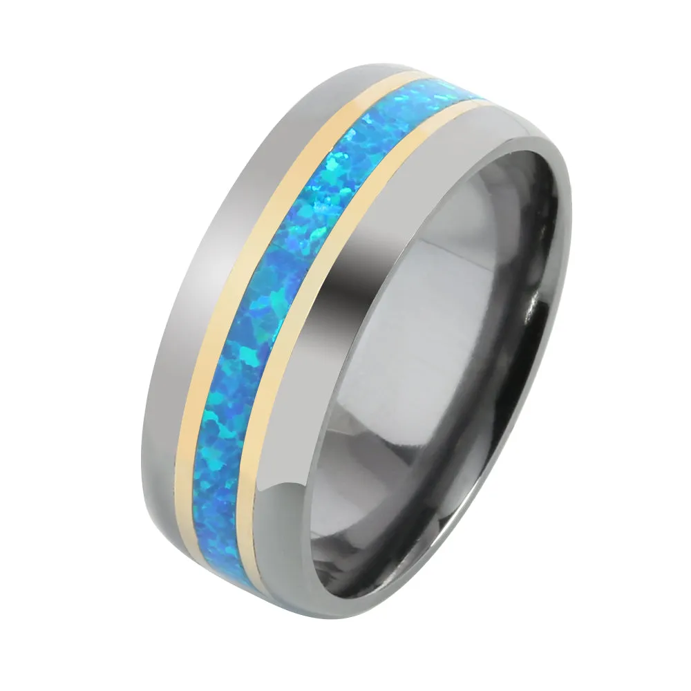 Tantalum with 14K Yellow Gold and Blue Opal Inlaid Wedding Ring Barrel 8mm