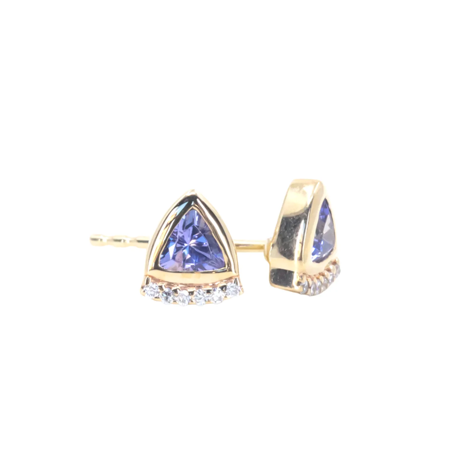 Tanzanite and Diamond Fan stud earrings in 14k Yellow and White Gold