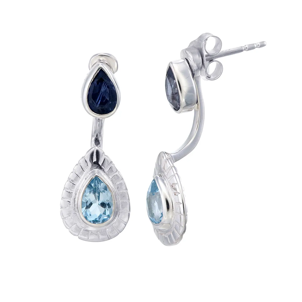 TEARDROP CLAW EARRINGS - AQUAMARINE & IOLITE - SILVER